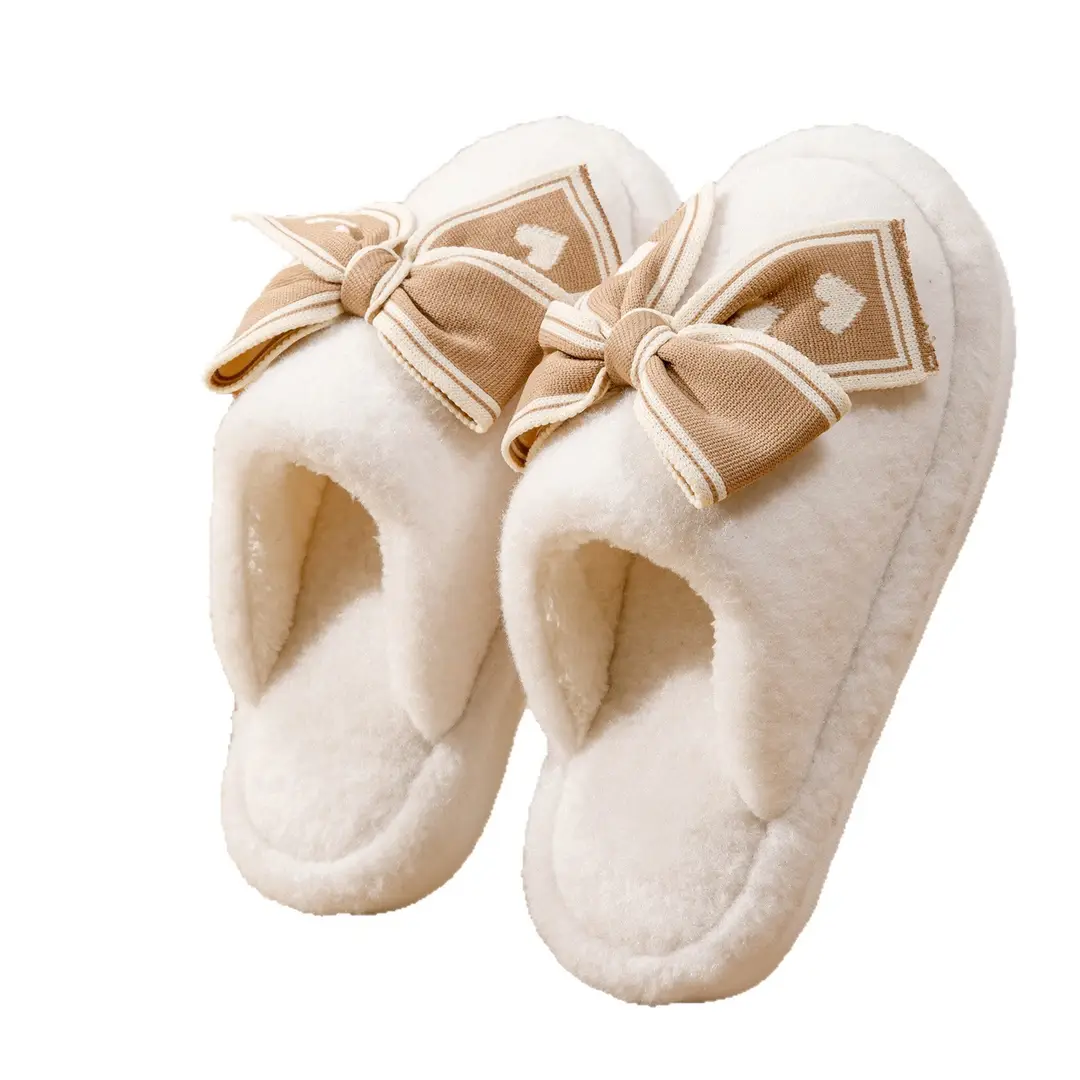 Bow-Knot Cotton Slippers for Women, Autumn and Winter Home Indoor Warm Plush Thick-Soled Non-Slip Confinement Cotton Slippers - Image 8