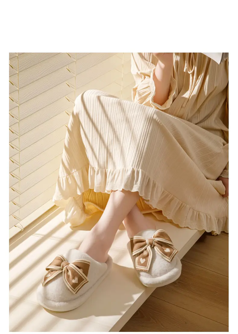 Bow-Knot Cotton Slippers for Women, Autumn and Winter Home Indoor Warm Plush Thick-Soled Non-Slip Confinement Cotton Slippers — feature 10