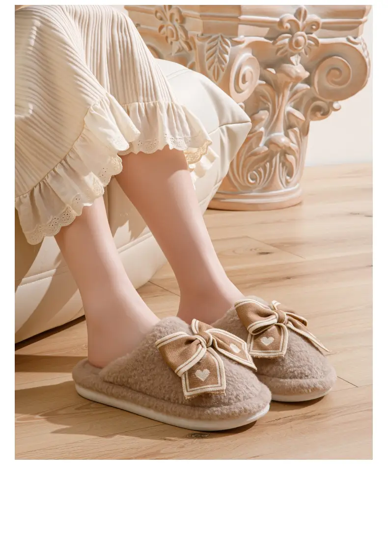 Bow-Knot Cotton Slippers for Women, Autumn and Winter Home Indoor Warm Plush Thick-Soled Non-Slip Confinement Cotton Slippers — feature 11
