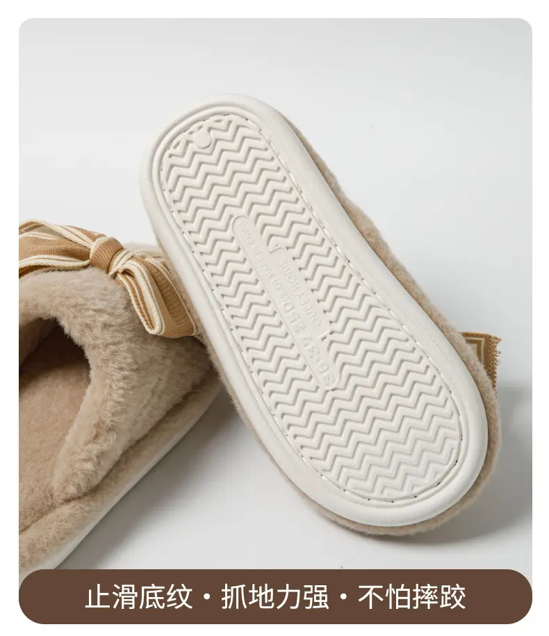 Bow-Knot Cotton Slippers for Women, Autumn and Winter Home Indoor Warm Plush Thick-Soled Non-Slip Confinement Cotton Slippers — feature 9