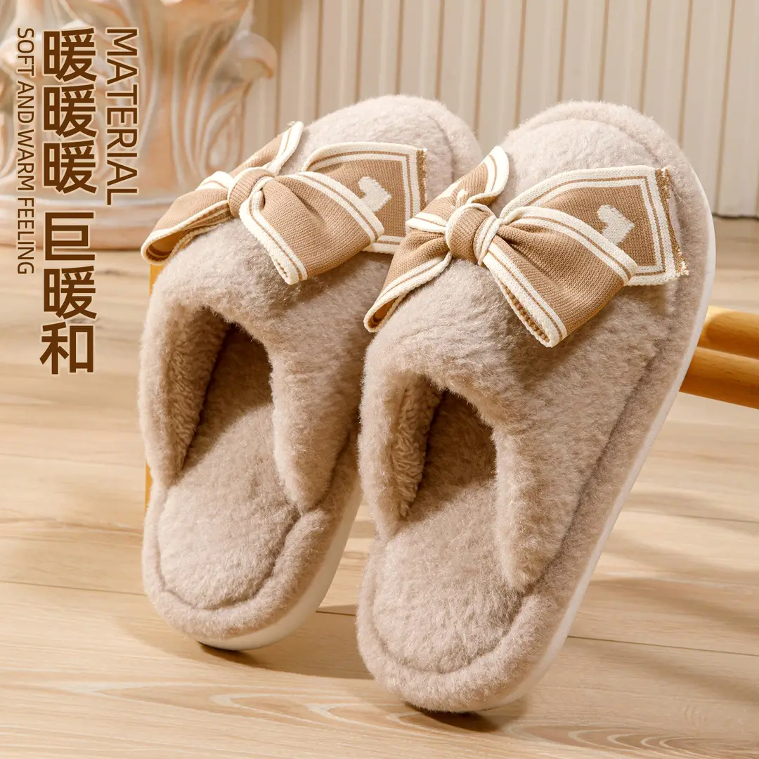 Bow-Knot Cotton Slippers for Women, Autumn and Winter Home Indoor Warm Plush Thick-Soled Non-Slip Confinement Cotton Slippers - Image 2