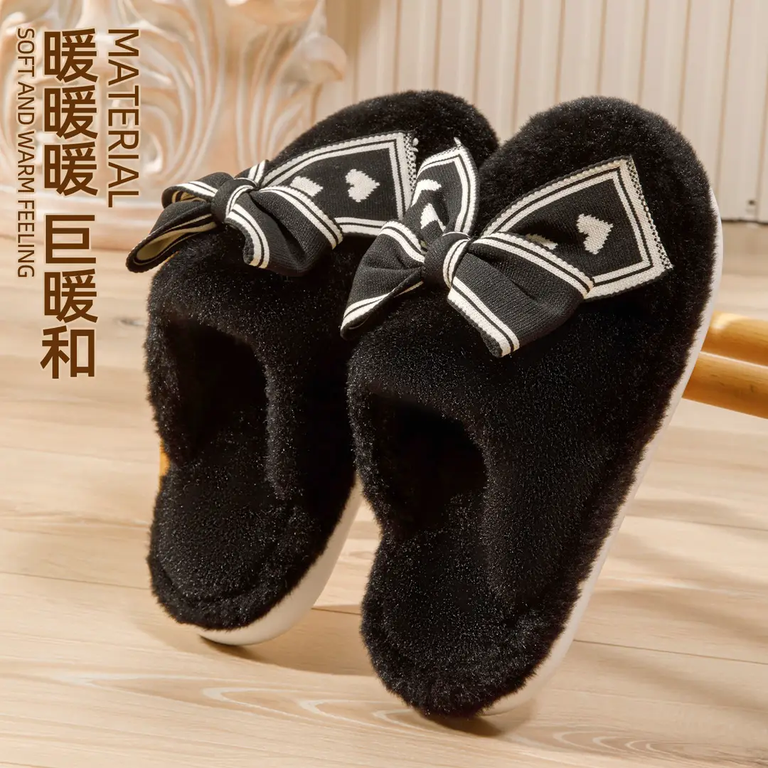 Bow-Knot Cotton Slippers for Women, Autumn and Winter Home Indoor Warm Plush Thick-Soled Non-Slip Confinement Cotton Slippers - Image 3