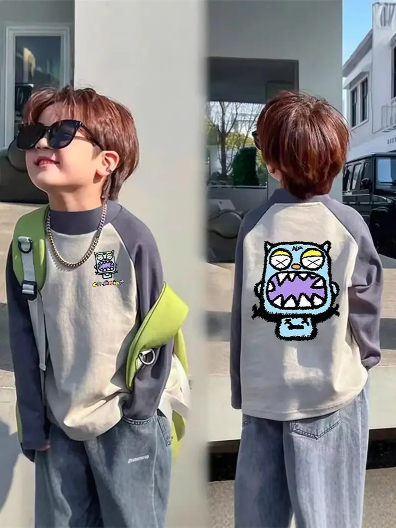 Boys Thermal Long Sleeve T-Shirt Gray Blue Raglan Back Design - Image 23