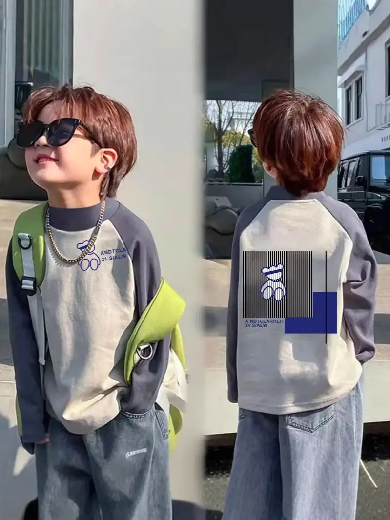 Boys Thermal Long Sleeve T-Shirt Gray Blue Raglan Back Design - Image 26