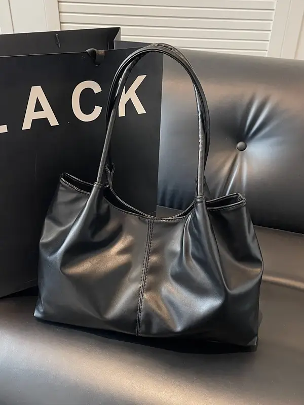 Black Leather Tote Bag Large Capacity Crossbody School Bag - Image 3