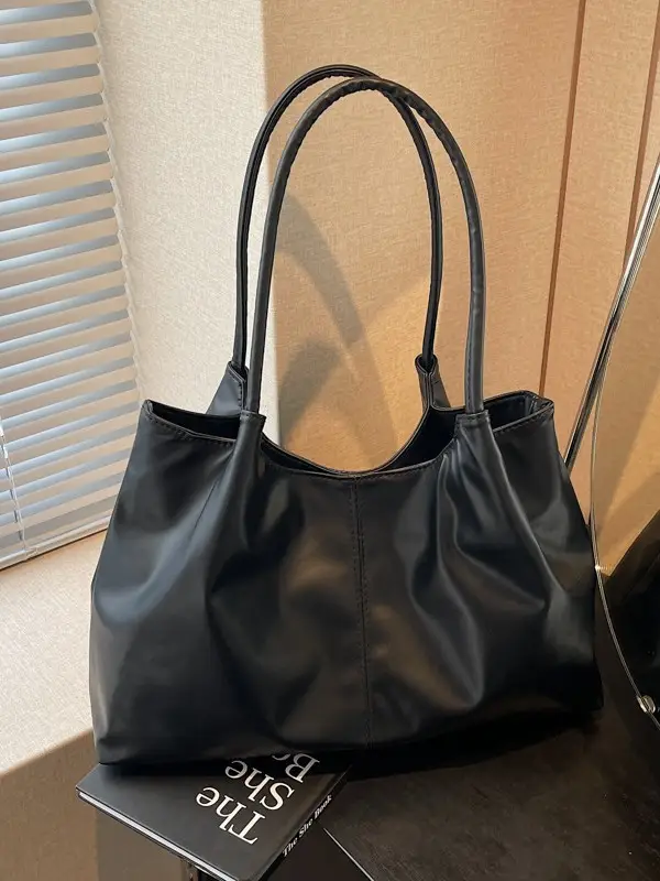 Black Leather Tote Bag Large Capacity Crossbody School Bag - Image 5