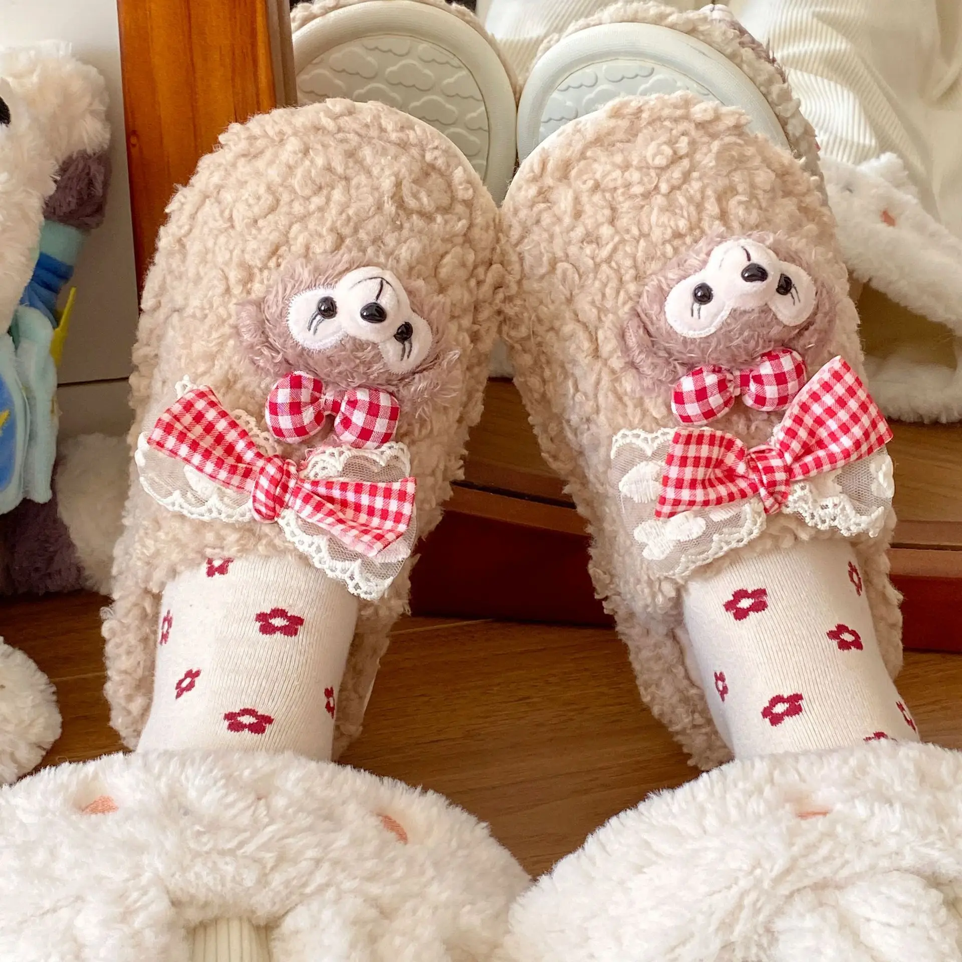 Cute Cartoon Furry Slippers for Women White Bear Design