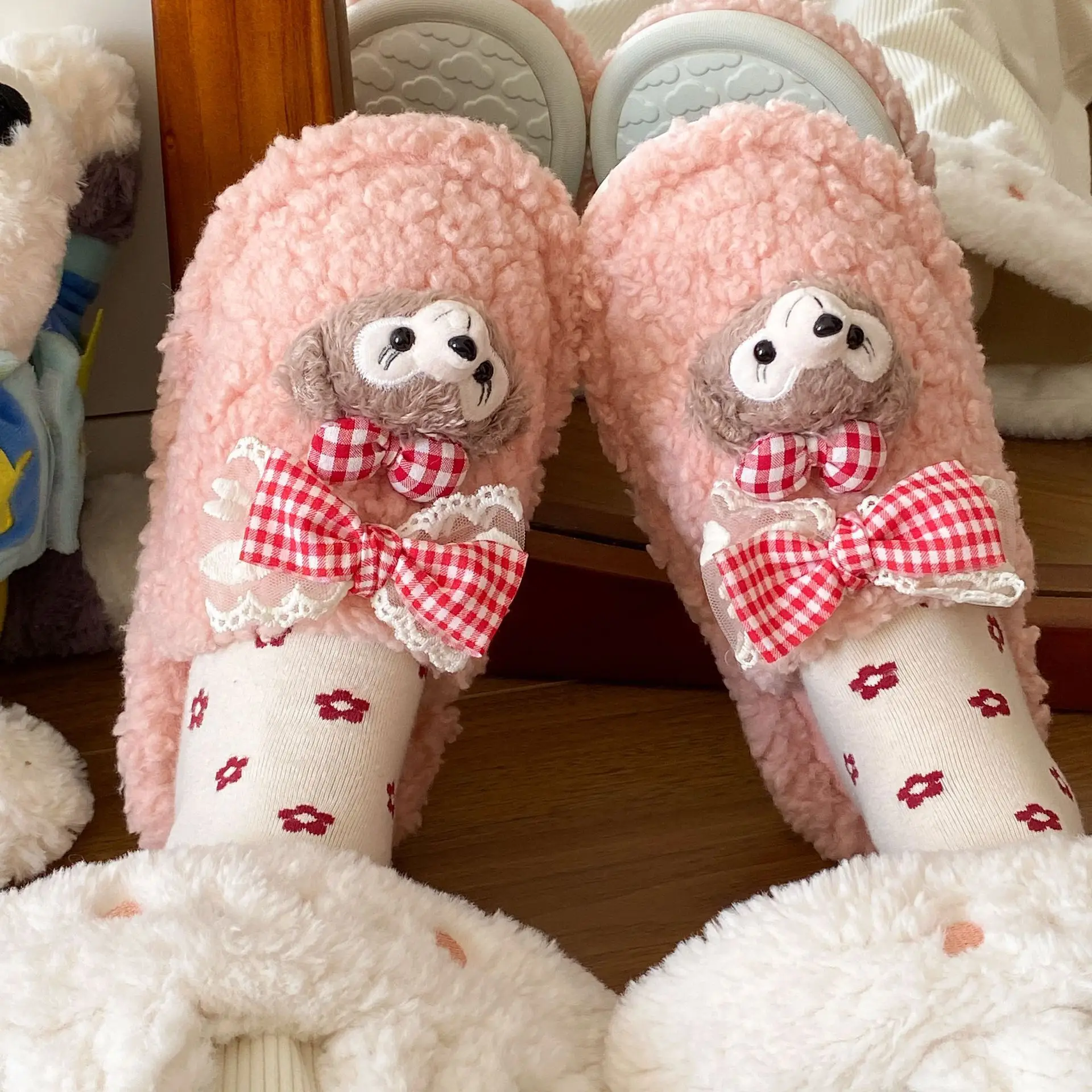 Cute Cartoon Furry Slippers for Women White Bear Design