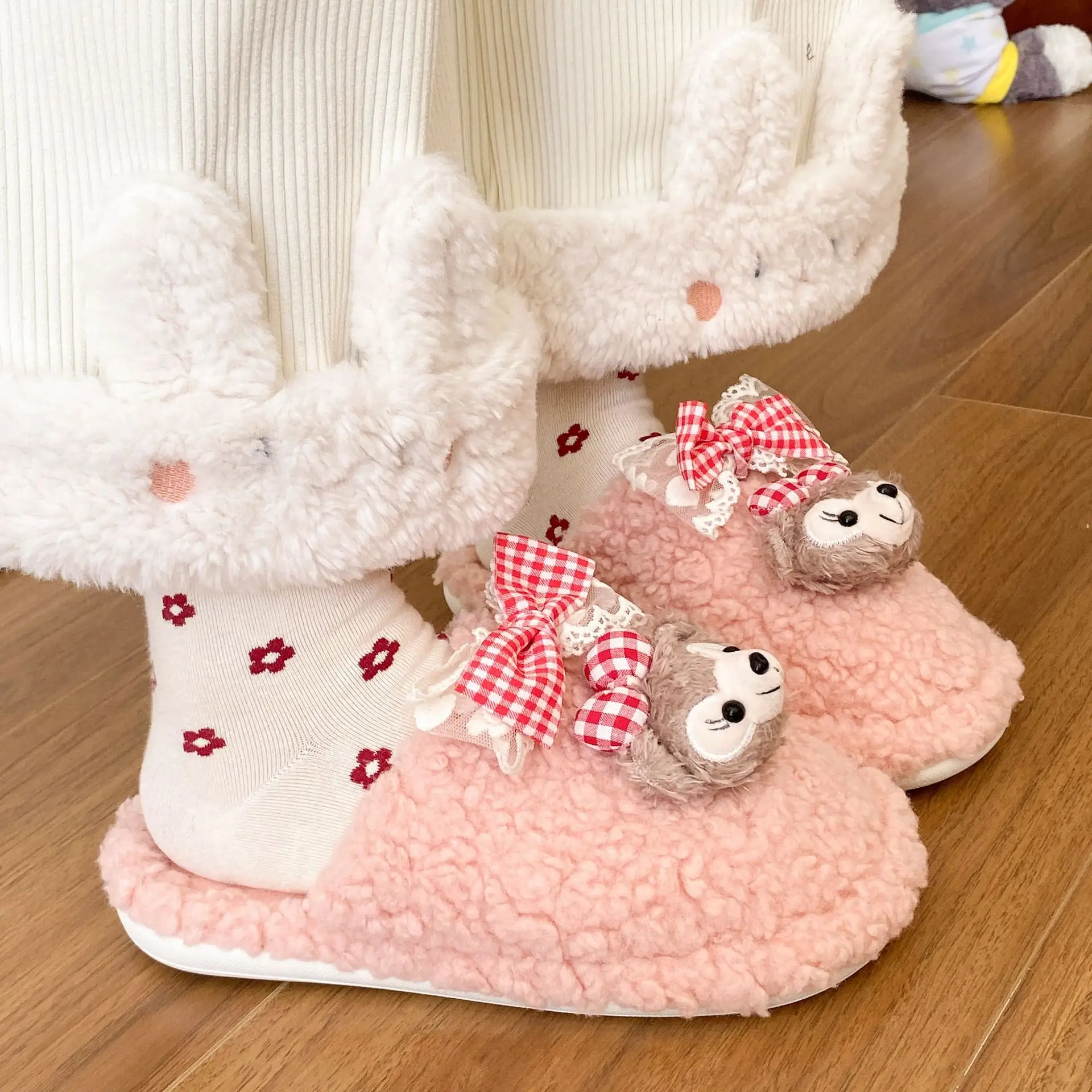 Cute Cartoon Furry Slippers for Women White Bear Design