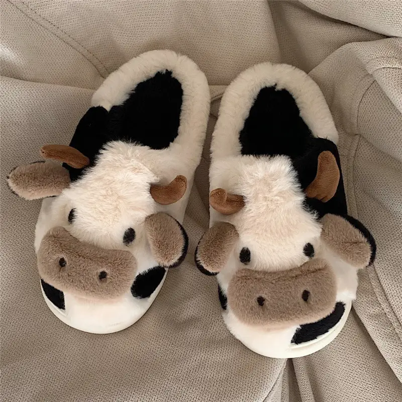 Women's Winter Plush Cow Slippers Thick Soled - Image 4