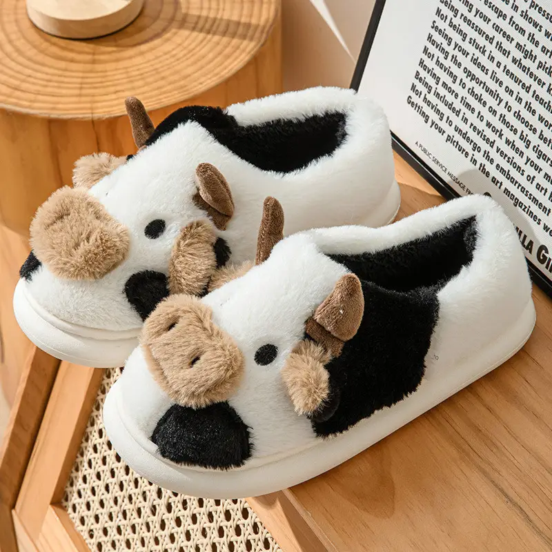 Women's Winter Plush Cow Slippers Thick Soled - Image 2