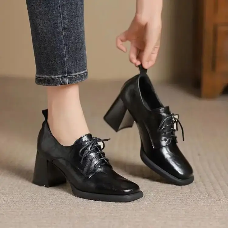 Retro Style Square Toe Lace-Up Leather Shoes Deep Mouth Flats for Women 2025 Autum New Versatile British Style High Heels Women's Shoes - Image 6
