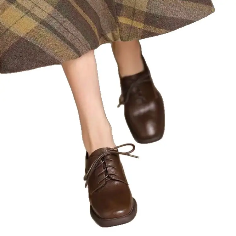Retro Style Square Toe Lace-Up Leather Shoes Deep Mouth Flats for Women 2025 Autum New Versatile British Style High Heels Women's Shoes - Image 7