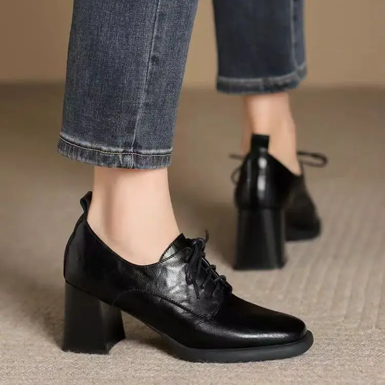 Retro Style Square Toe Lace-Up Leather Shoes Deep Mouth Flats for Women 2025 Autum New Versatile British Style High Heels Women's Shoes — feature 10