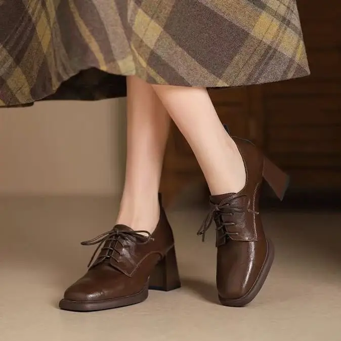 Retro Style Square Toe Lace-Up Leather Shoes Deep Mouth Flats for Women 2025 Autum New Versatile British Style High Heels Women's Shoes — feature 11