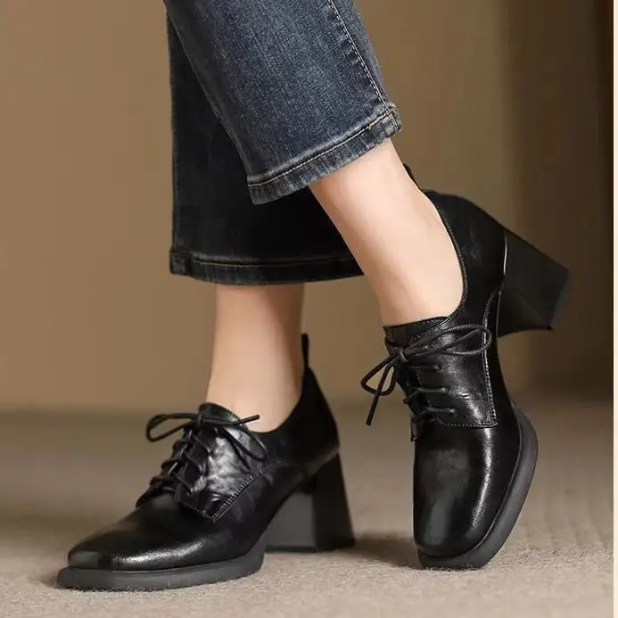 Retro Style Square Toe Lace-Up Leather Shoes Deep Mouth Flats for Women 2025 Autum New Versatile British Style High Heels Women's Shoes — feature 12