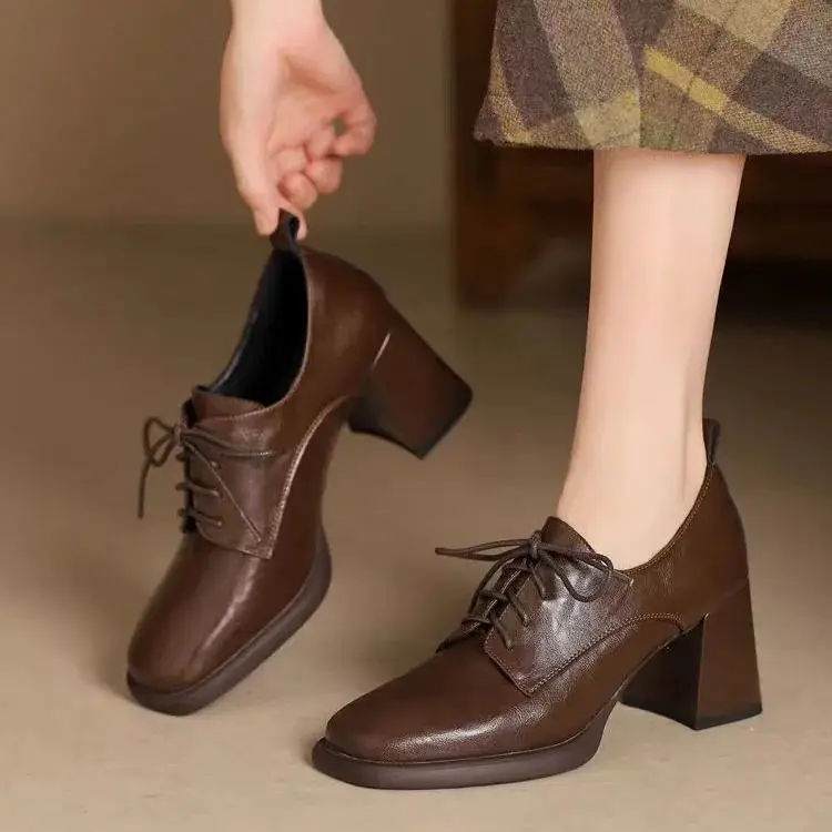 Retro Style Square Toe Lace-Up Leather Shoes Deep Mouth Flats for Women 2025 Autum New Versatile British Style High Heels Women's Shoes — feature 4
