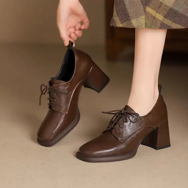 Retro Style Square Toe Lace-Up Leather Shoes Deep Mouth Flats for Women 2025 Autum New Versatile British Style High Heels Women's Shoes - Image 2