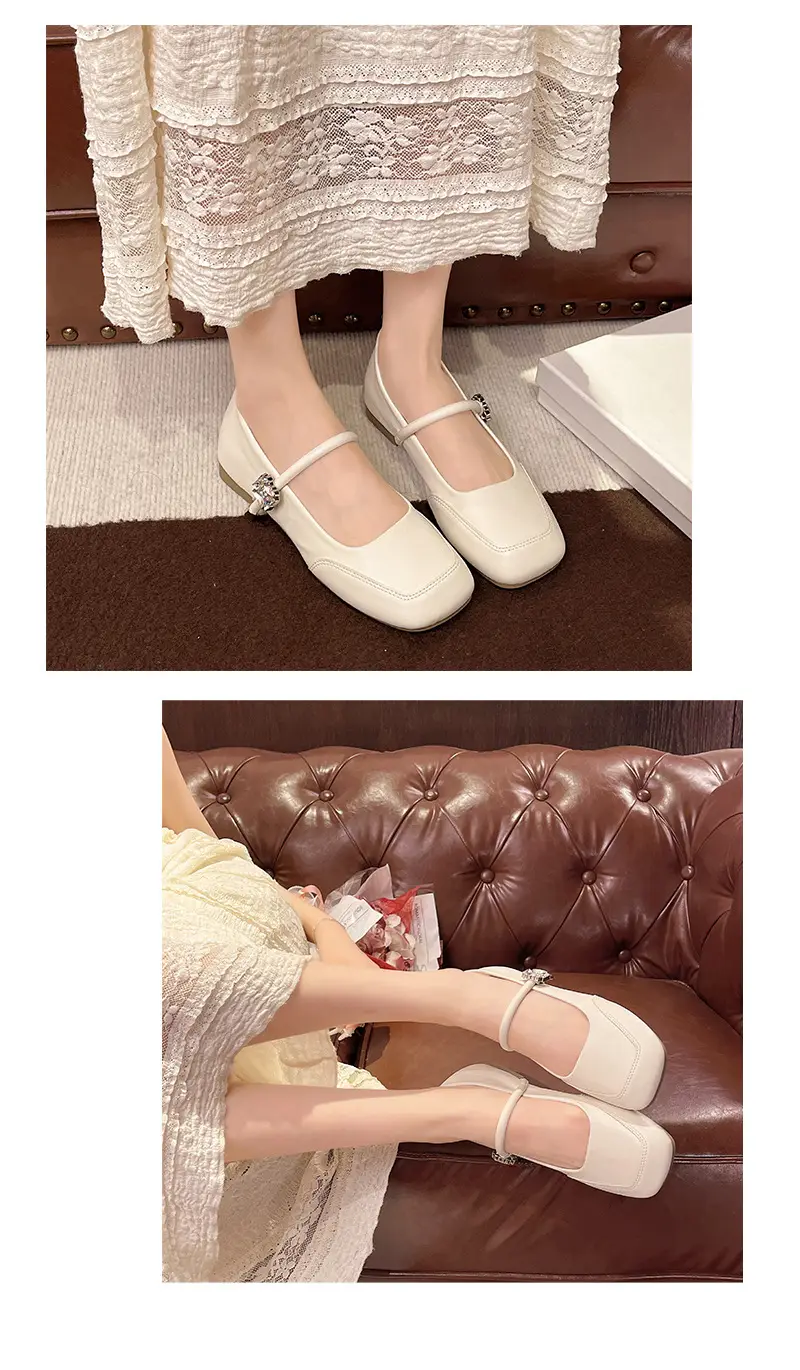 Fairy Style Shoes for Women, Beautiful Low-Heeled Flats with Skirts, French Evening Shoes, Thick Heels, Gentle Style Square-Toe Scoop Shoes — feature 6