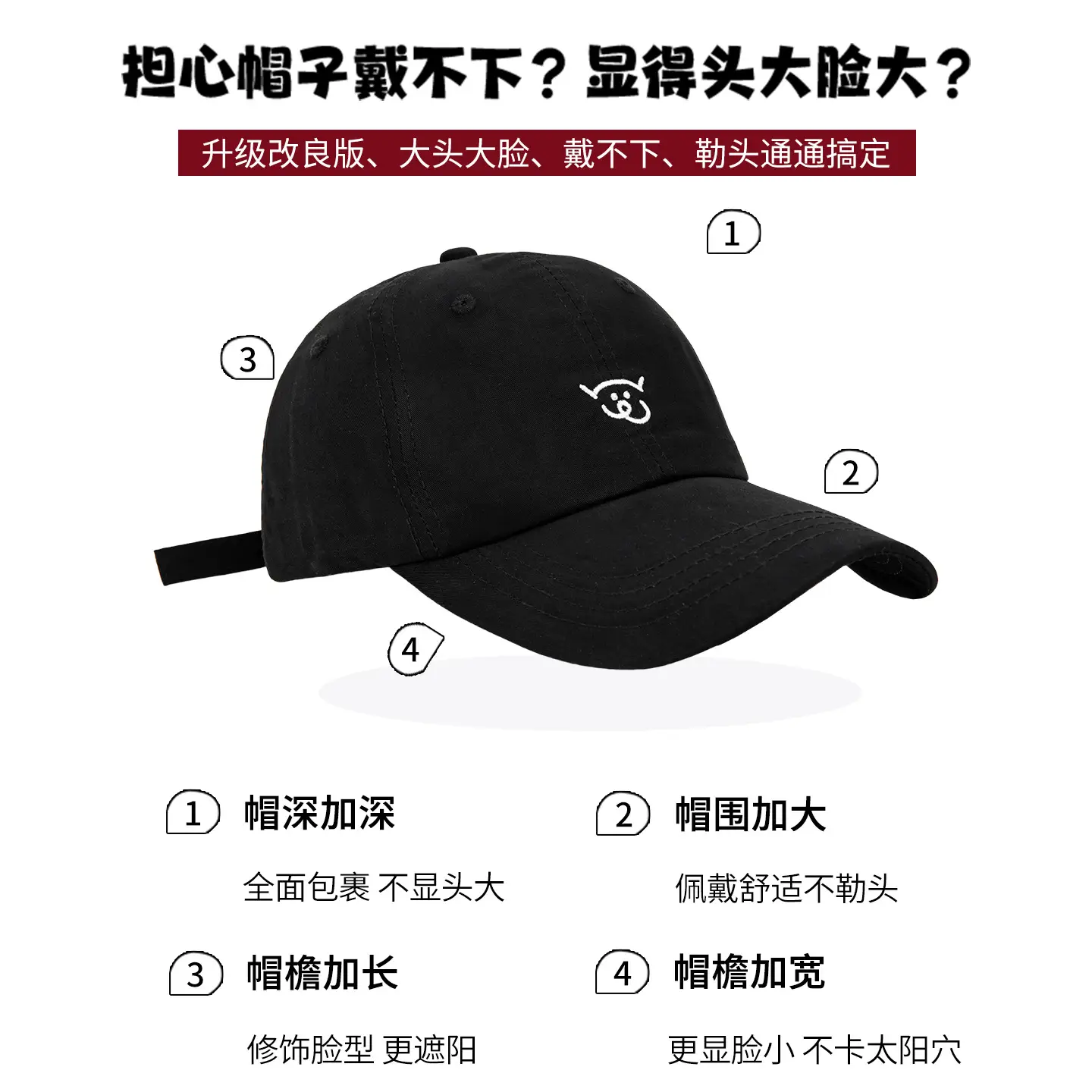 Women Pig Embroidery Baseball Cap with Wide Brim Black Duckbill - Image 5