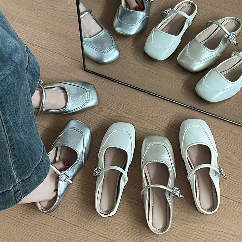 Women French Style Low Heel Mary Jane Sandals Silver - Image 8