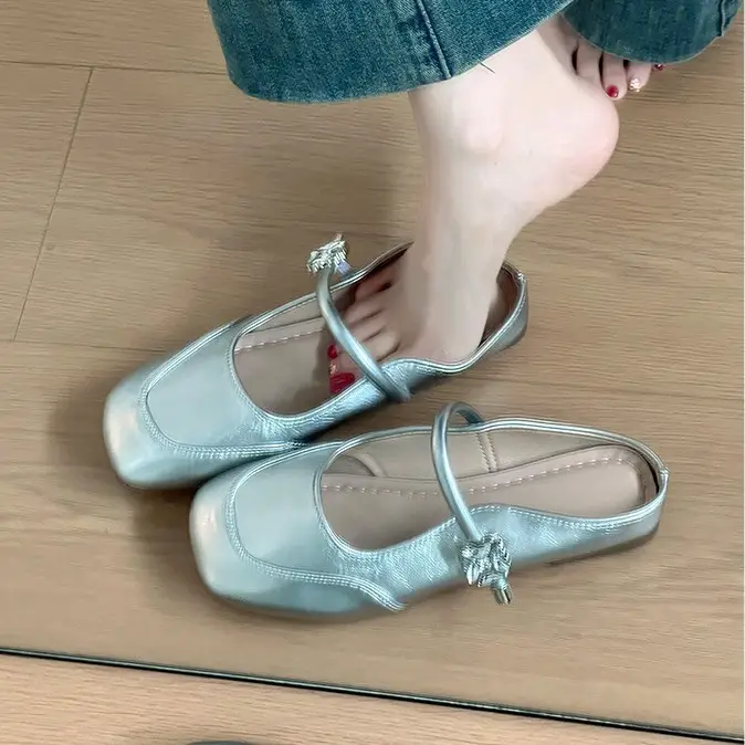 Women French Style Low Heel Mary Jane Sandals Silver - Image 10