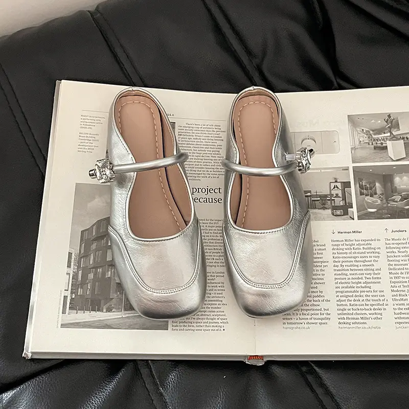 Women French Style Low Heel Mary Jane Sandals Silver - Image 3
