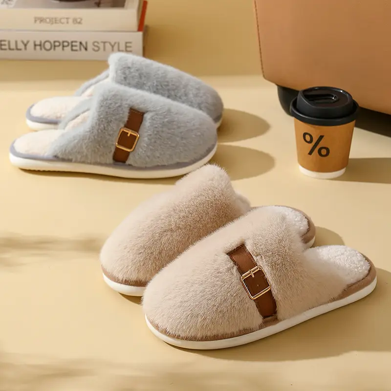 Women's High-End Plush Slippers Brown Winter Home Wear