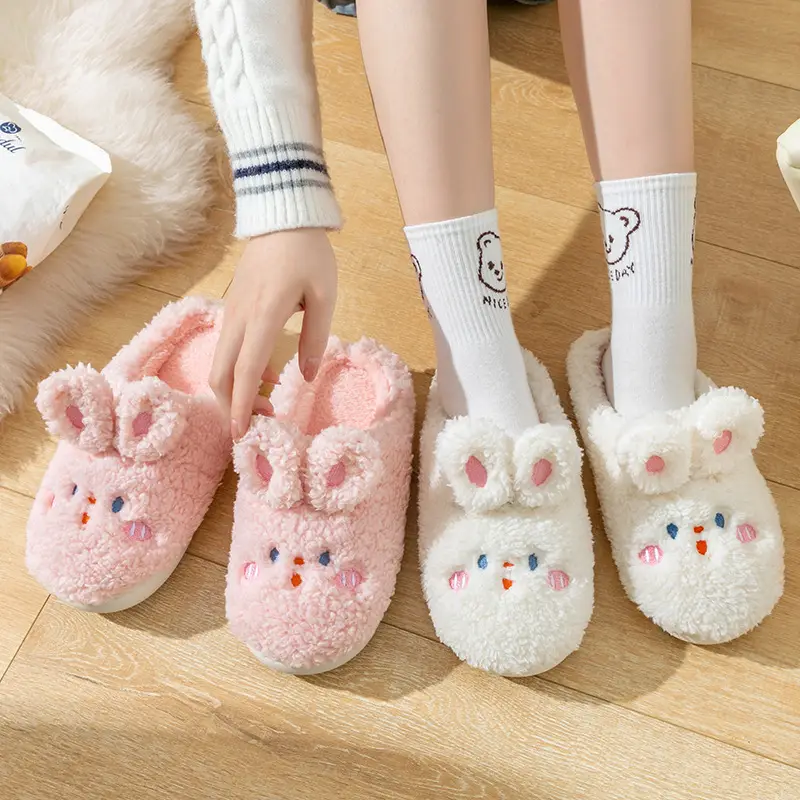 Cartoon Rabbit Cotton Slippers for Women, Autumn and Winter Indoor Home Bedroom Warm Plush Thick-Soled Comfortable Maternity Slippers