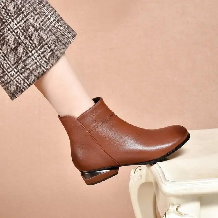Women's Black Leather Ankle Boots Round Toe Winter - Image 8