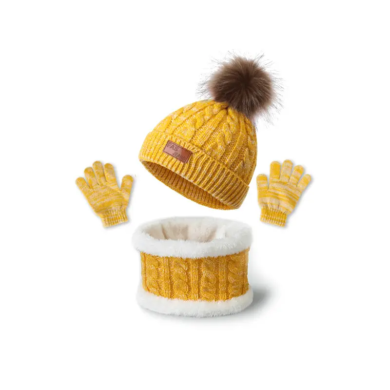 New Autumn and Winter Children's Hat, Scarf, and Gloves Three-Piece Set, Warm Knitted Pom-Pom Baby Hat, Neck Protector, Neck Warmer