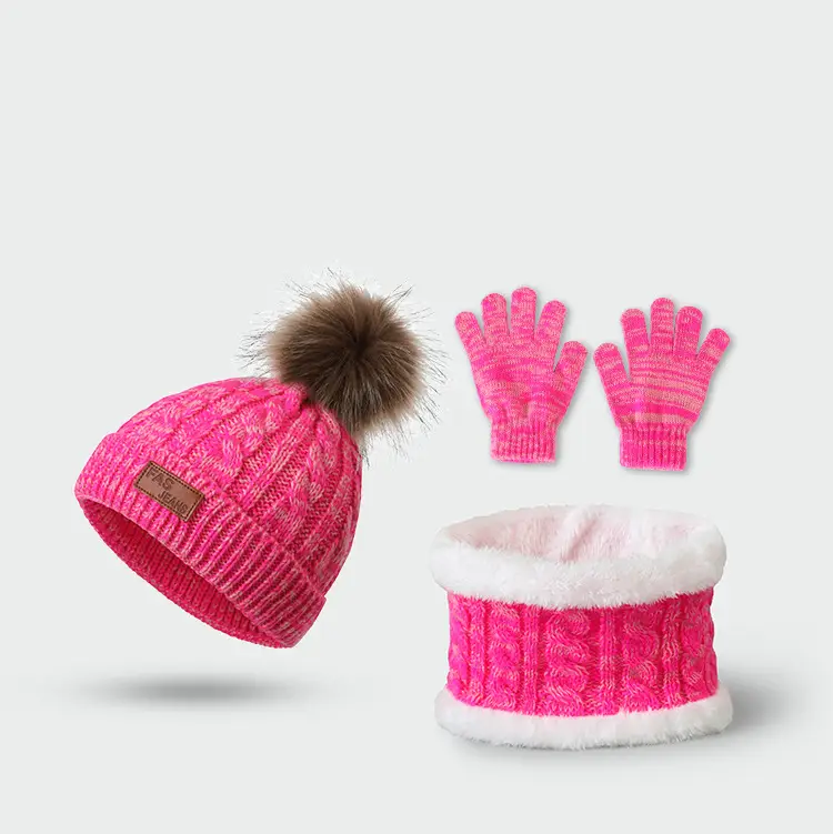 New Autumn and Winter Children's Hat, Scarf, and Gloves Three-Piece Set, Warm Knitted Pom-Pom Baby Hat, Neck Protector, Neck Warmer — feature 10