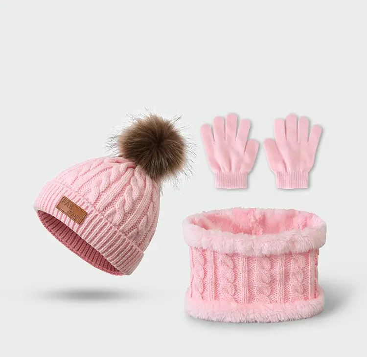 New Autumn and Winter Children's Hat, Scarf, and Gloves Three-Piece Set, Warm Knitted Pom-Pom Baby Hat, Neck Protector, Neck Warmer — feature 11