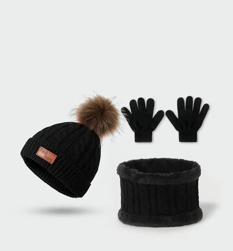 New Autumn and Winter Children's Hat, Scarf, and Gloves Three-Piece Set, Warm Knitted Pom-Pom Baby Hat, Neck Protector, Neck Warmer — feature 12