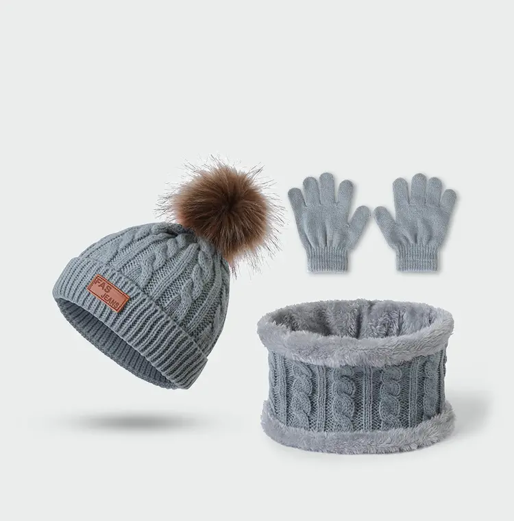 New Autumn and Winter Children's Hat, Scarf, and Gloves Three-Piece Set, Warm Knitted Pom-Pom Baby Hat, Neck Protector, Neck Warmer — feature 15