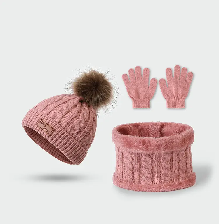 New Autumn and Winter Children's Hat, Scarf, and Gloves Three-Piece Set, Warm Knitted Pom-Pom Baby Hat, Neck Protector, Neck Warmer — feature 16