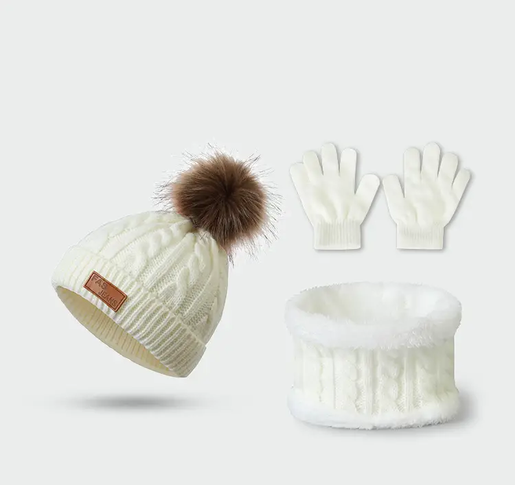 New Autumn and Winter Children's Hat, Scarf, and Gloves Three-Piece Set, Warm Knitted Pom-Pom Baby Hat, Neck Protector, Neck Warmer — feature 17