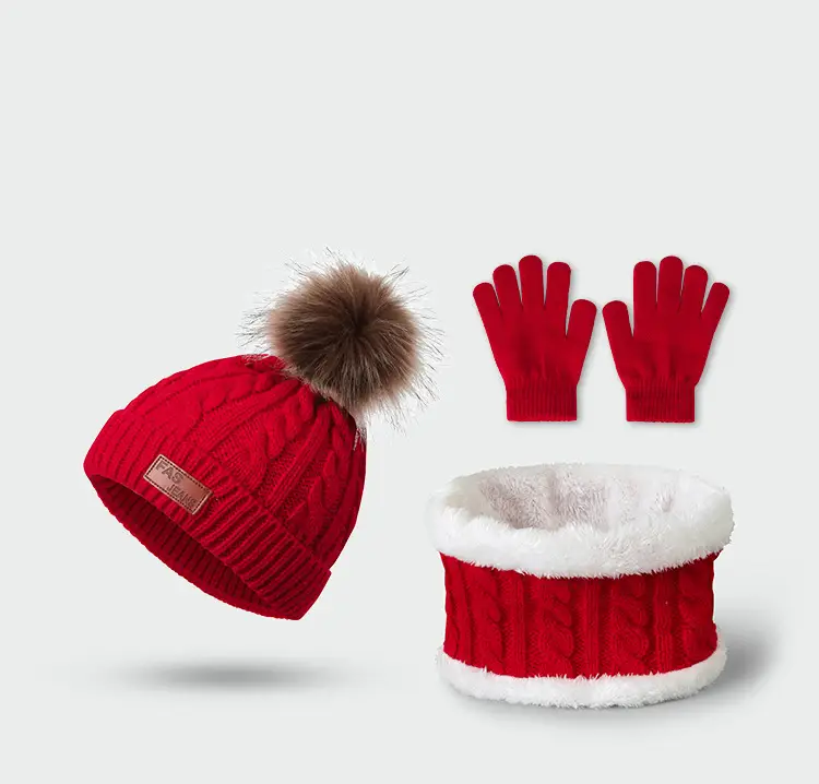 New Autumn and Winter Children's Hat, Scarf, and Gloves Three-Piece Set, Warm Knitted Pom-Pom Baby Hat, Neck Protector, Neck Warmer — feature 18