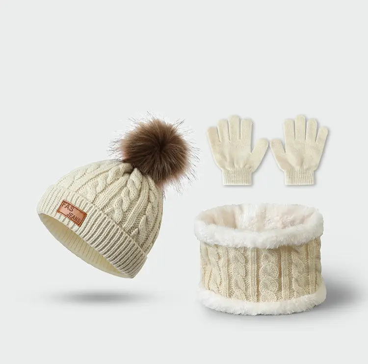 New Autumn and Winter Children's Hat, Scarf, and Gloves Three-Piece Set, Warm Knitted Pom-Pom Baby Hat, Neck Protector, Neck Warmer — feature 19