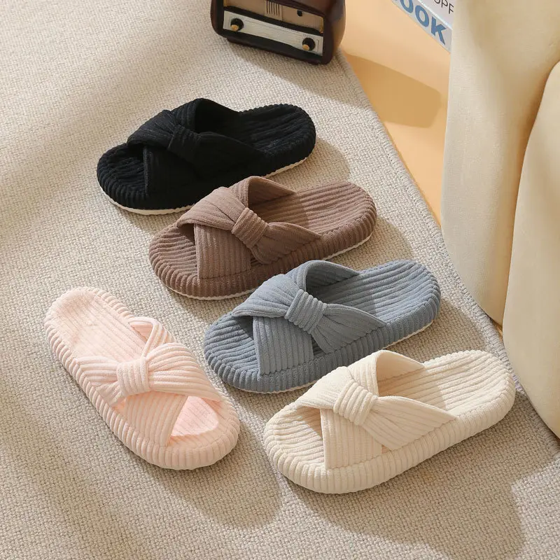 Cross-Border New Corduroy Cross Cotton Slippers for Home Wholesale Autumn Home Warm Indoor Adhesive Thick-Soled Cotton Slippers