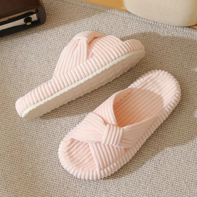 Cross-Border New Corduroy Cross Cotton Slippers for Home Wholesale Autumn Home Warm Indoor Adhesive Thick-Soled Cotton Slippers