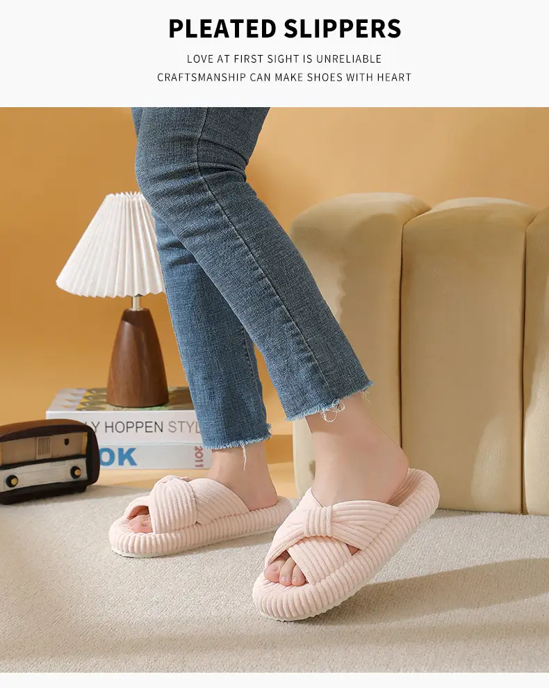 Cross-Border New Corduroy Cross Cotton Slippers for Home Wholesale Autumn Home Warm Indoor Adhesive Thick-Soled Cotton Slippers — feature 10