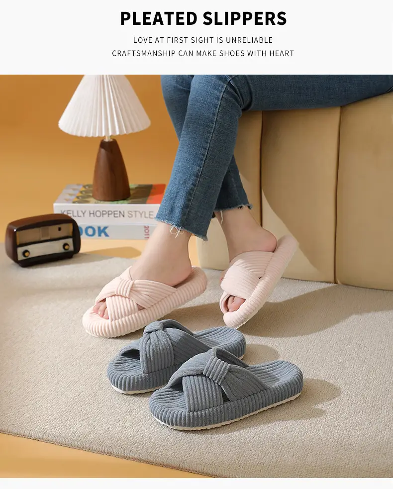 Cross-Border New Corduroy Cross Cotton Slippers for Home Wholesale Autumn Home Warm Indoor Adhesive Thick-Soled Cotton Slippers — feature 11