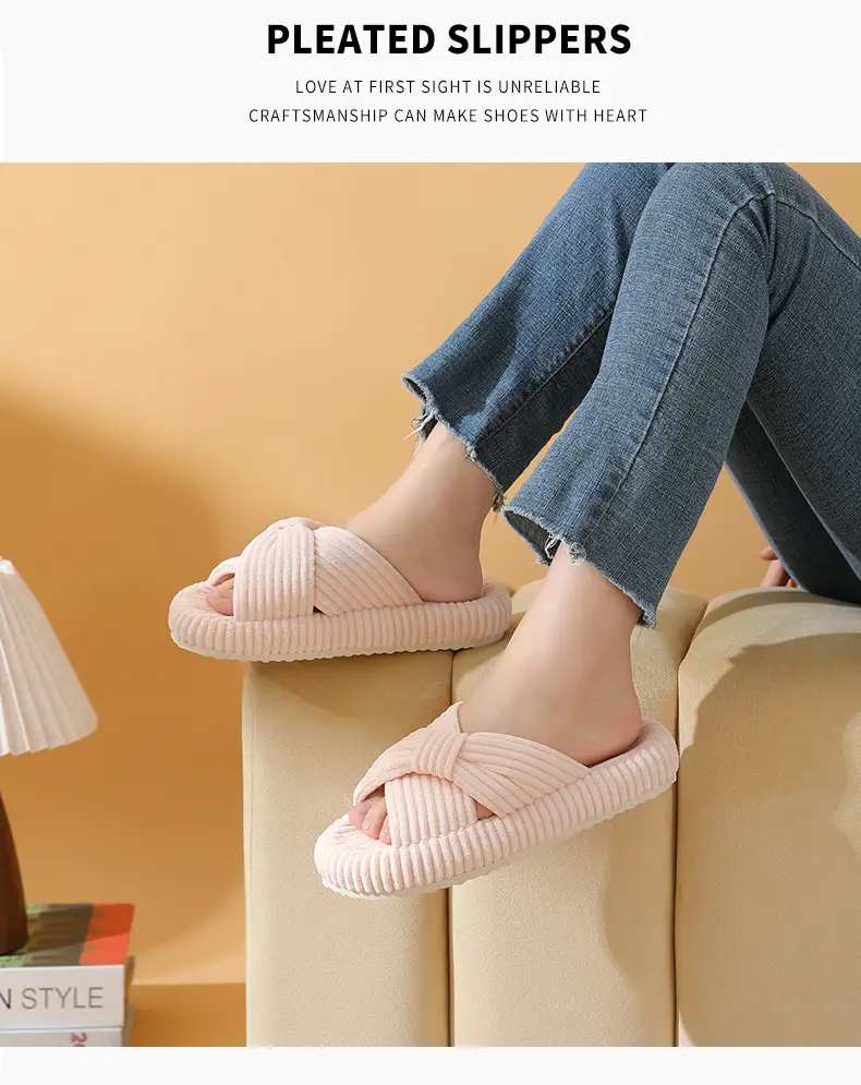 Cross-Border New Corduroy Cross Cotton Slippers for Home Wholesale Autumn Home Warm Indoor Adhesive Thick-Soled Cotton Slippers — feature 12