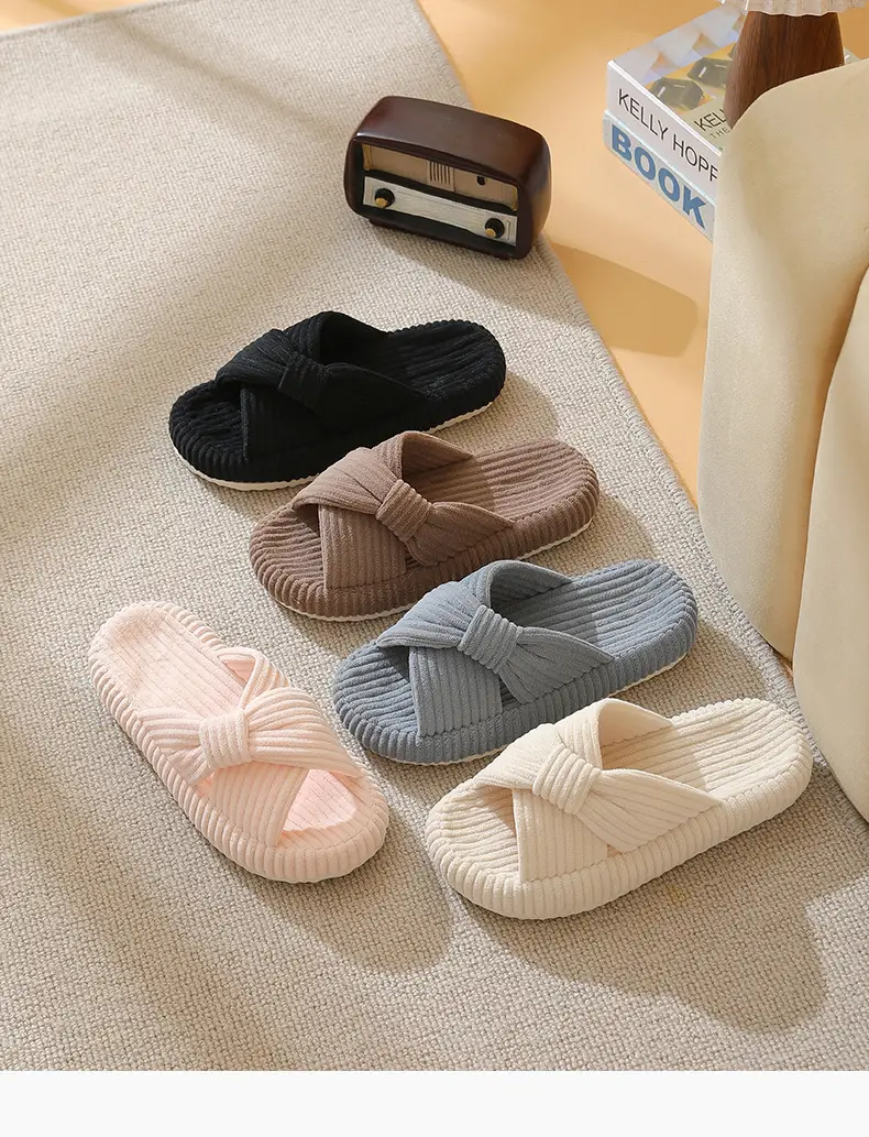 Cross-Border New Corduroy Cross Cotton Slippers for Home Wholesale Autumn Home Warm Indoor Adhesive Thick-Soled Cotton Slippers — feature 3