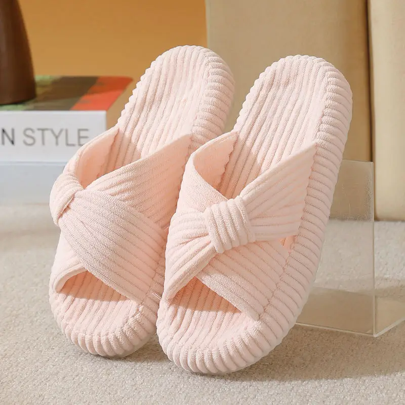 Cross-Border New Corduroy Cross Cotton Slippers for Home Wholesale Autumn Home Warm Indoor Adhesive Thick-Soled Cotton Slippers