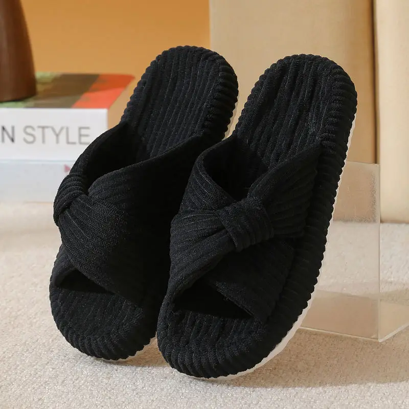 Cross-Border New Corduroy Cross Cotton Slippers for Home Wholesale Autumn Home Warm Indoor Adhesive Thick-Soled Cotton Slippers