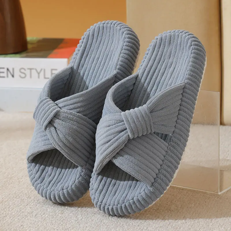 Cross-Border New Corduroy Cross Cotton Slippers for Home Wholesale Autumn Home Warm Indoor Adhesive Thick-Soled Cotton Slippers
