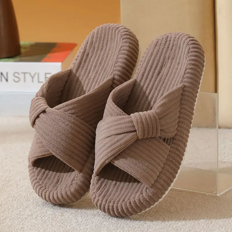 Cross-Border New Corduroy Cross Cotton Slippers for Home Wholesale Autumn Home Warm Indoor Adhesive Thick-Soled Cotton Slippers