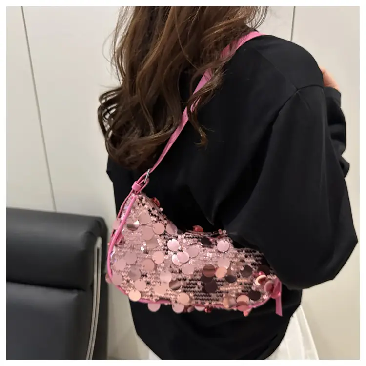 Pink Sequin Shoulder Bag Large Capacity Single Strap — feature 16